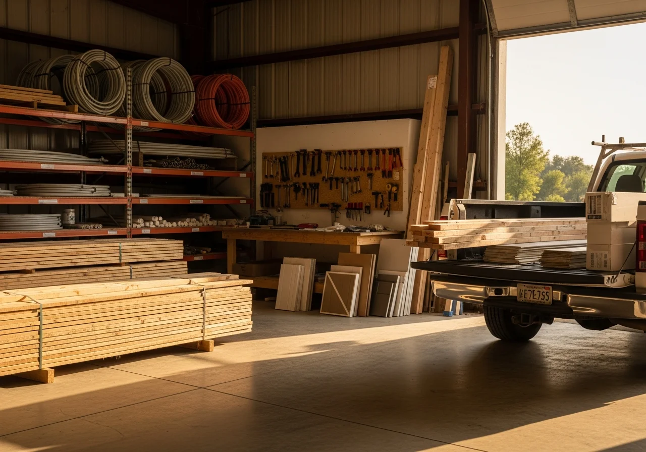 Construction crew and tools on a residential job site, showcasing the equipment and workspace of a professional contracting team.