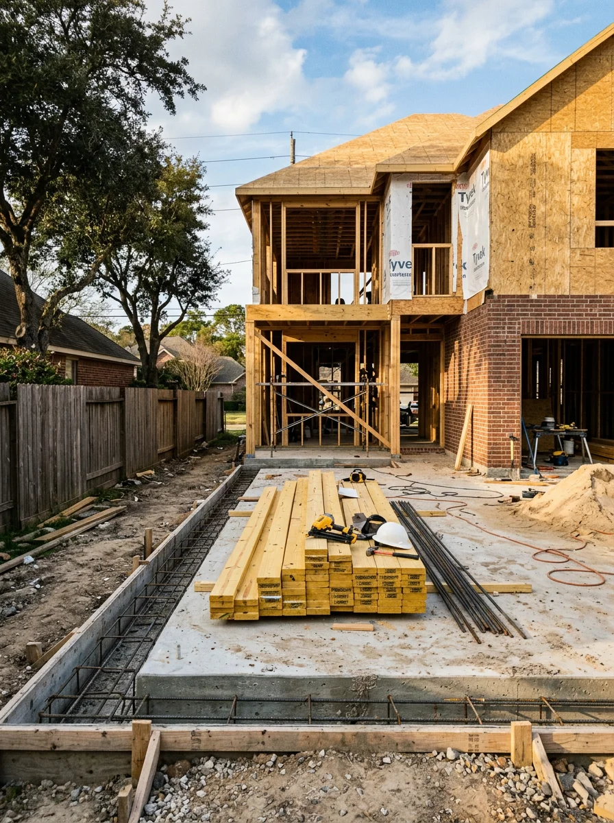 Professional construction crew working on residential home addition in Friendswood