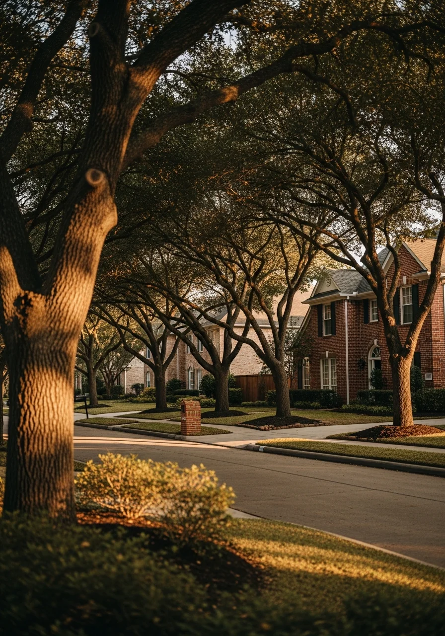 Close-up of a residential street in a Houston neighborhood with mature trees and brick homes typical of established communities.