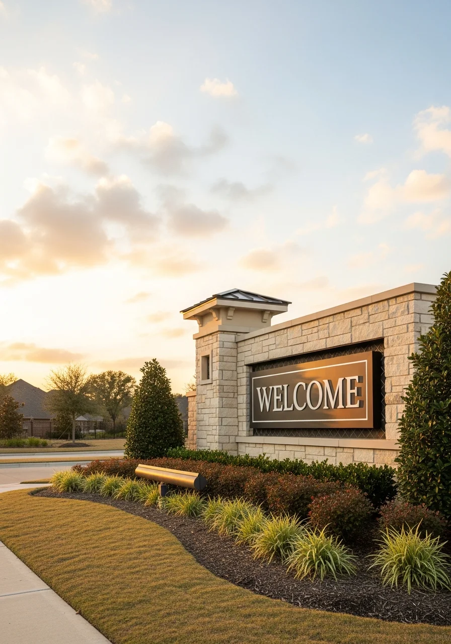 Entrance to a Katy master-planned community with decorative signage and landscaping typical of the area's residential developments.