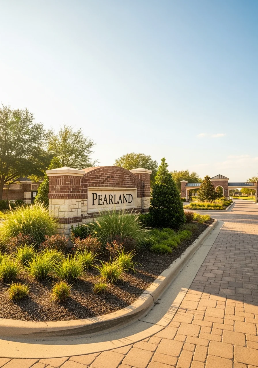 Pearland residential community entrance with landscaping and signage typical of the area's planned neighborhood developments.