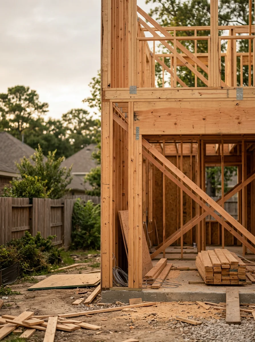 Custom home construction project in Spring TX showing framing and structural work
