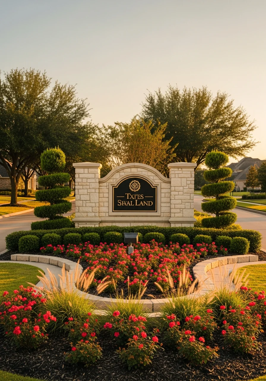 Sugar Land community entrance with elegant landscaping and signage reflecting the area's affluent, master-planned community identity.