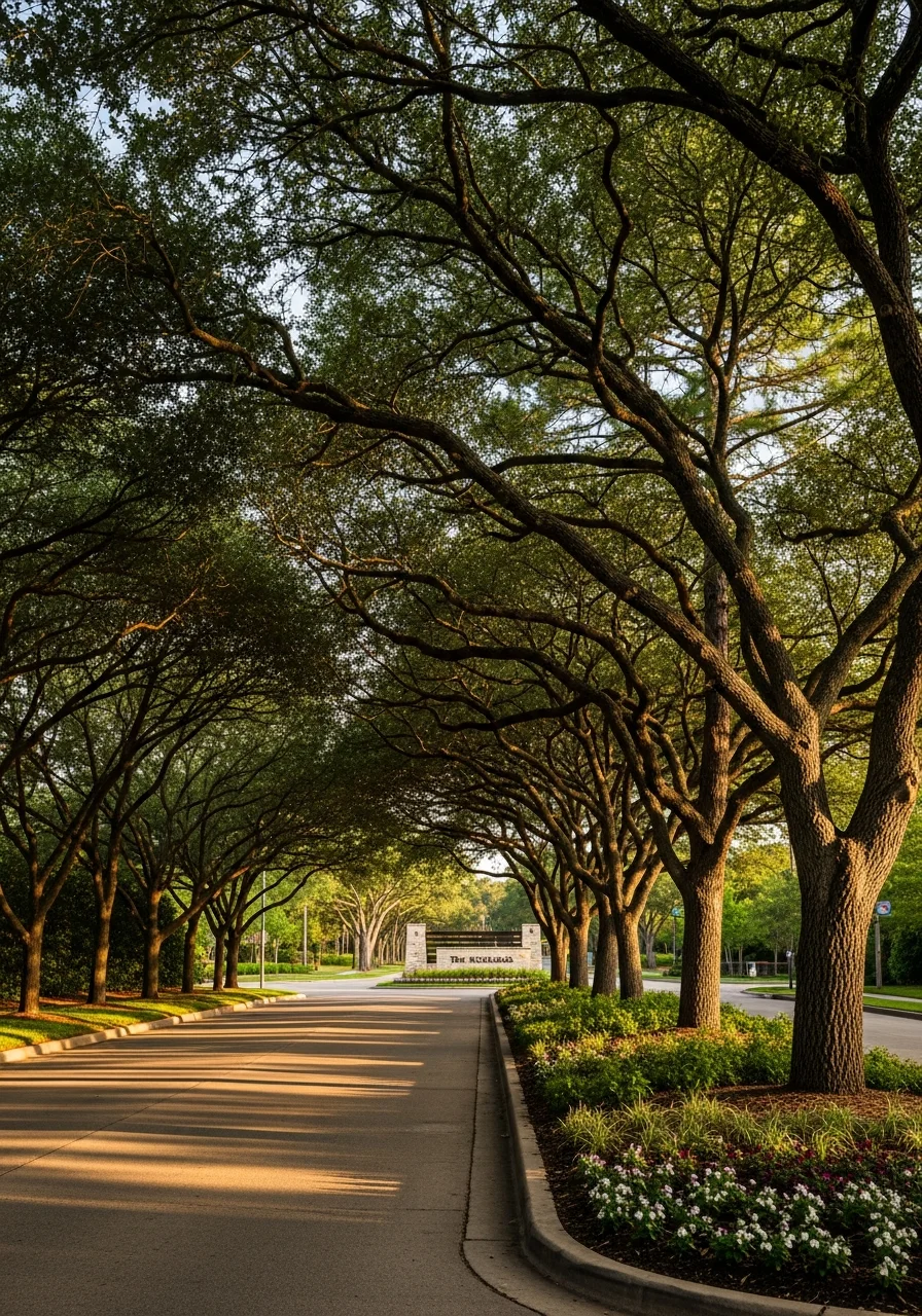 Entrance to The Woodlands community with iconic signage and landscaped median showcasing the area's planned community character.