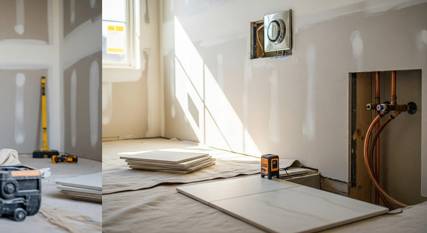 A finished bathroom remodel in a Houston-area home showing a walk-in tile shower, updated vanity, and modern lighting. The space reflects moisture-resistant finishes suited to the greater Houston climate.