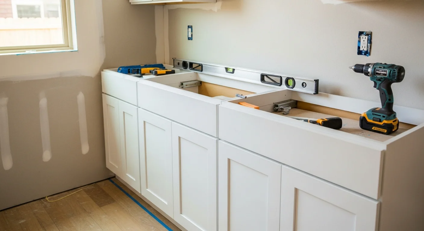 Newly installed white shaker kitchen cabinets in a Houston-area home, with upper and lower units fitted flush against freshly prepped walls. The finished kitchen shows clean cabinet lines, consistent spacing, and no visible gaps at the wall or ceiling.