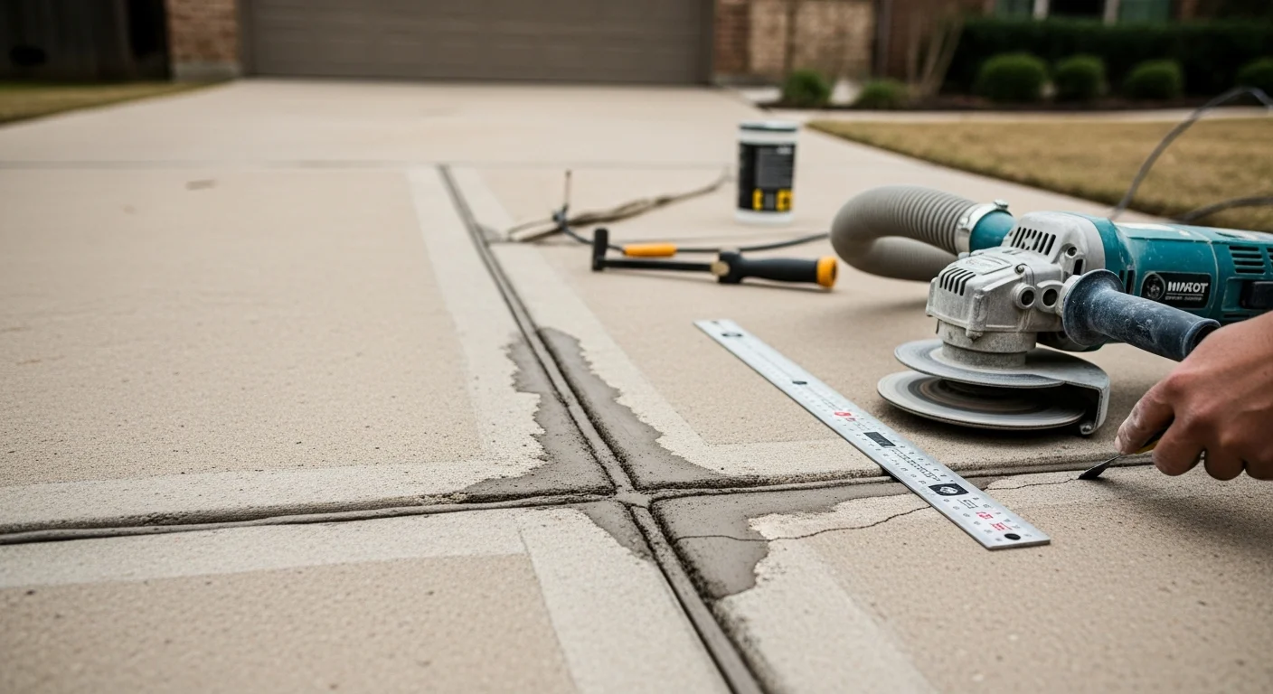 A repaired concrete driveway in a Houston-area residential neighborhood showing a smooth, level surface with no visible cracks or uneven sections. The surrounding yard and home exterior reflect a typical Greater Houston suburban property.