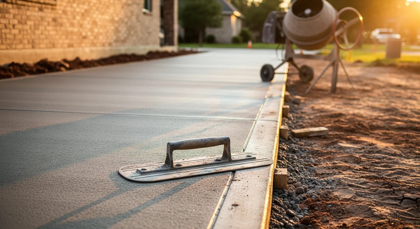 Freshly poured and finished concrete driveway at a residential property in the greater Houston area, showing clean edges, a smooth surface, and proper slope away from the home. The surrounding yard reflects the flat terrain and warm climate typical of Southeast Texas.