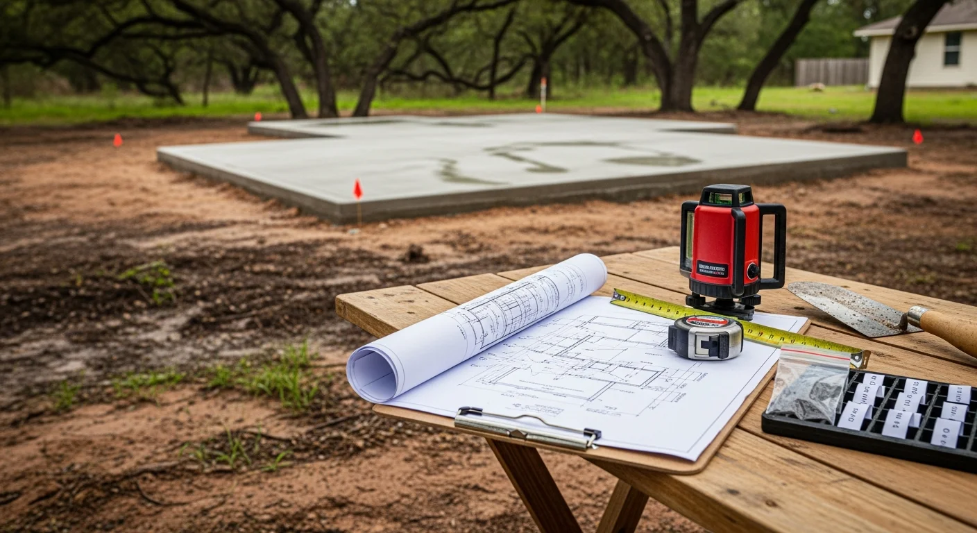 A general contractor reviewing construction plans with a property owner at a job site in the greater Houston area. The consultation takes place outdoors near an existing structure, with flat Houston-area terrain visible in the background.