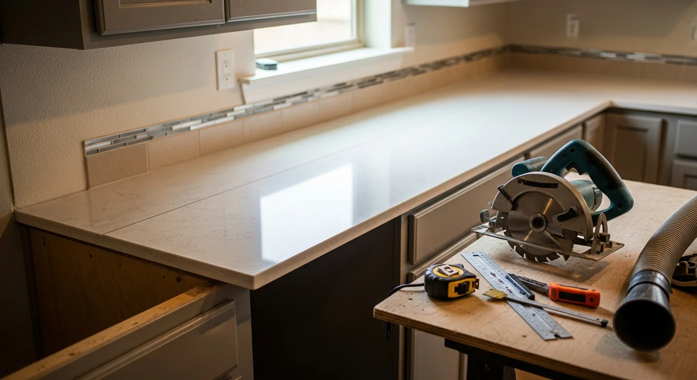 Newly installed stone countertop on a kitchen island inside a Houston-area home, with clean edge profiles and a sink cutout ready for fixture installation. The surrounding cabinetry reflects a modern transitional style common in greater Houston remodels.