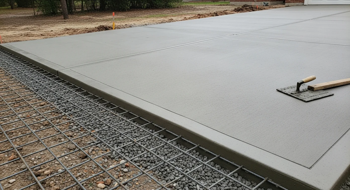 Freshly poured concrete driveway in front of a single-family home in the greater Houston area, showing a smooth, level surface with clean edges and proper drainage slope. The surrounding yard reflects the flat terrain common across Harris County neighborhoods.