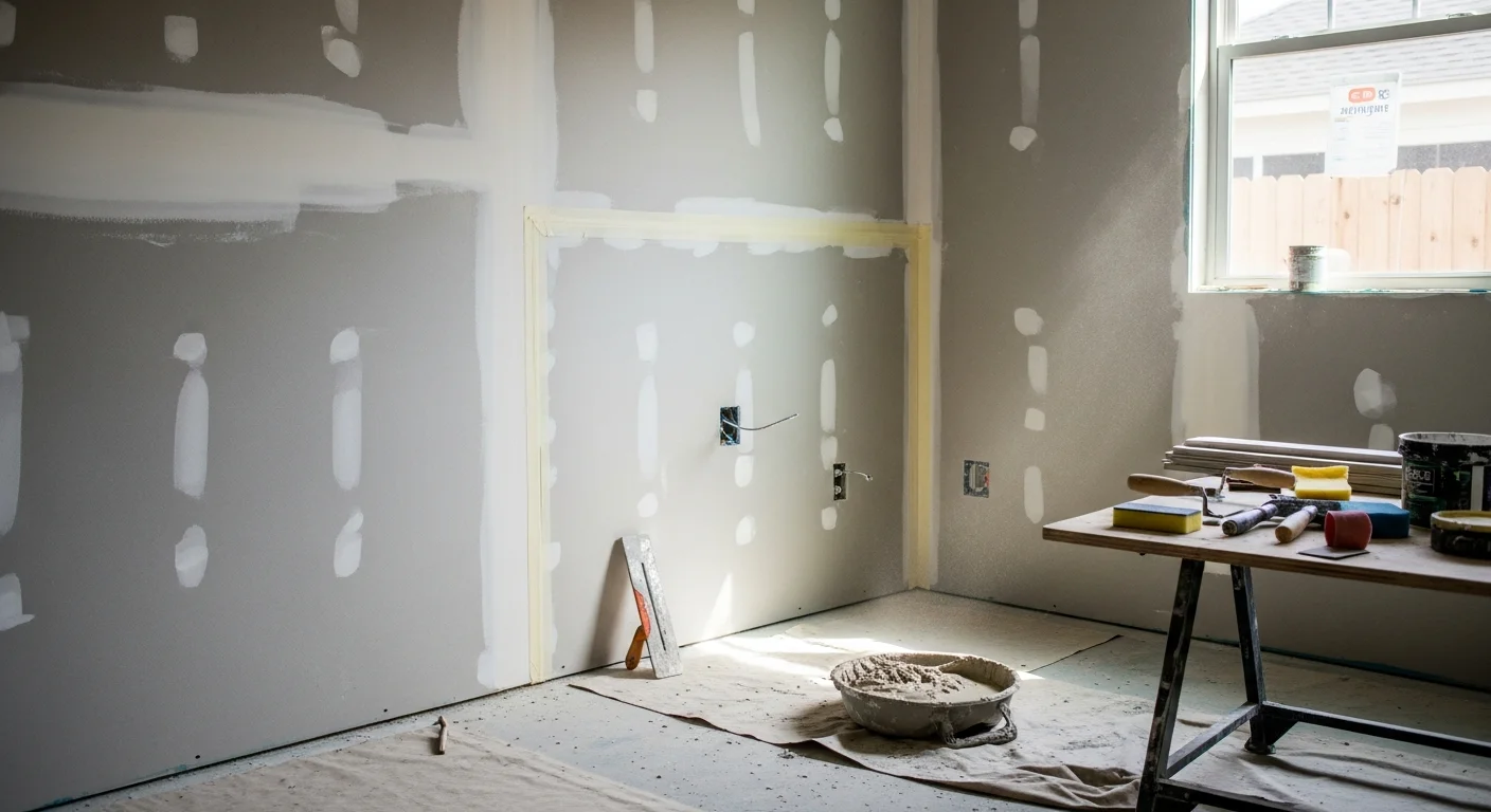 A freshly installed and finished drywall interior in a Houston-area home, showing smooth taped seams and primed walls ready for paint. The room reflects a completed residential remodel typical of new construction projects across the greater Houston region.