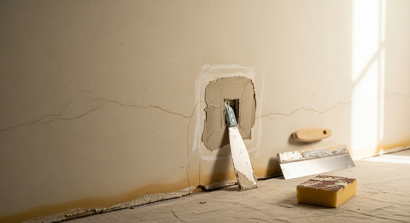 A finished drywall repair on an interior wall of a Houston-area home, showing a smooth, texture-matched surface with no visible patch lines. The repaired section blends evenly with the surrounding wall in a residential living space.