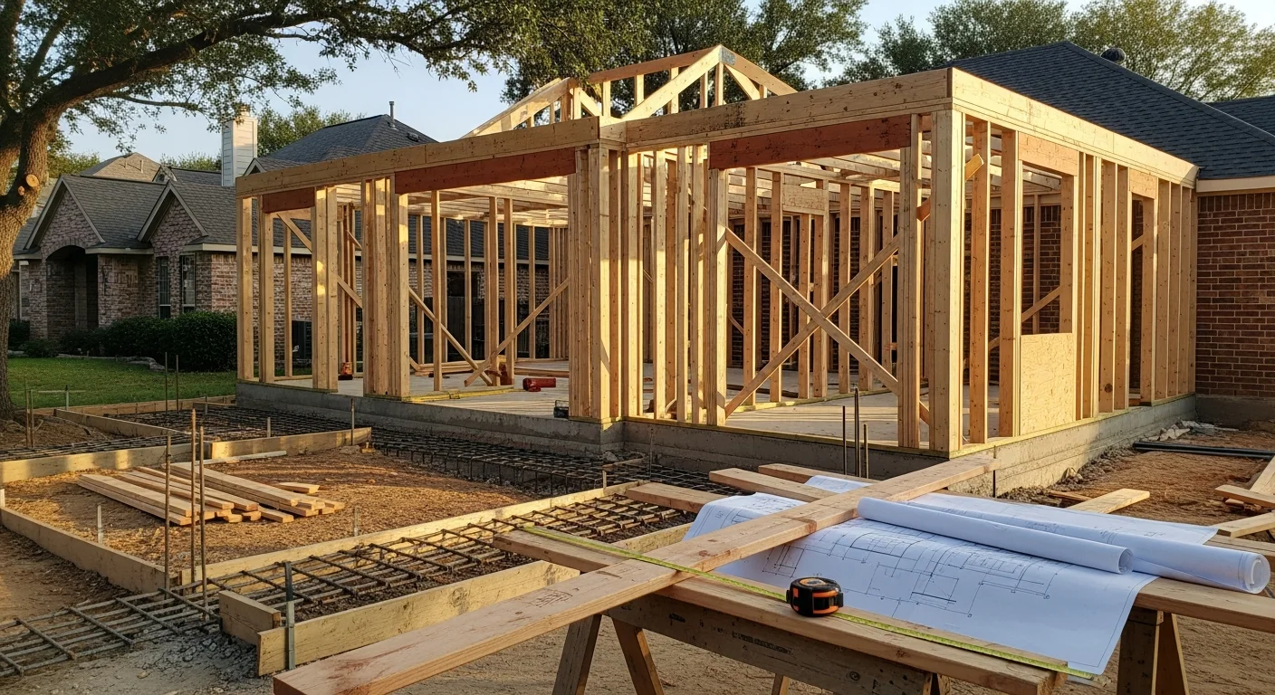 A newly completed single-story room addition on a residential home in the greater Houston area, showing a seamless roofline match and exterior finish consistent with the original structure. The addition extends the home's rear footprint with a visible concrete foundation and freshly framed exterior walls ready for interior finishing.