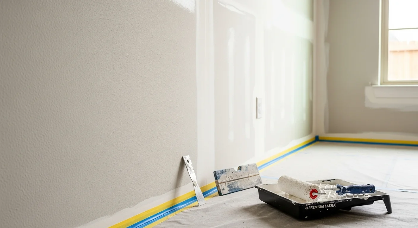 A freshly painted interior living room in a Houston-area home, showing smooth, evenly coated walls in a neutral tone with clean trim lines along the baseboards and ceiling. The room reflects the updated, clean finish typical of professional interior painting work completed for residential properties across greater Houston.