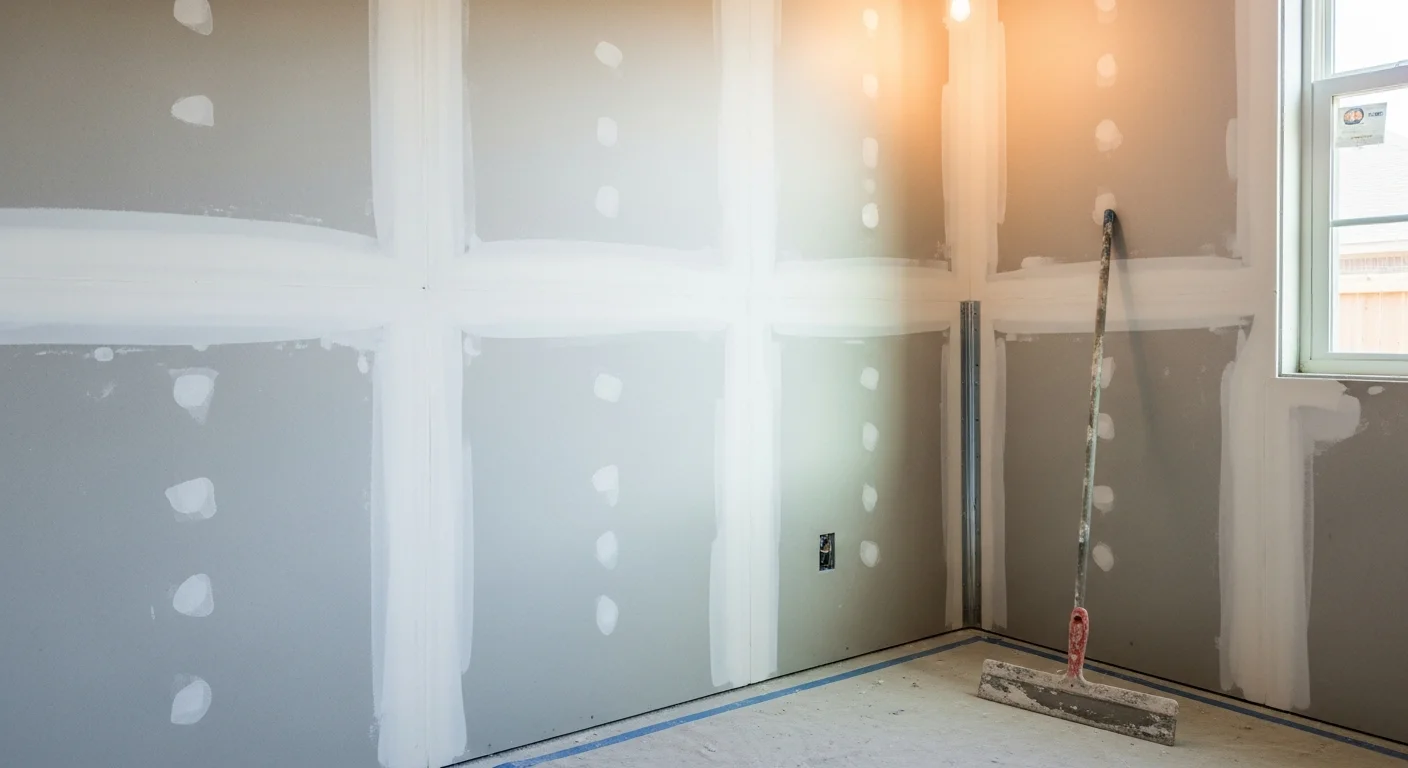 A freshly finished interior wall in a Houston-area home showing a smooth, paint-ready Level 5 surface with no visible seams or texture irregularities. A contractor's tools and joint compound materials are staged nearby, reflecting active finish work in a residential room.