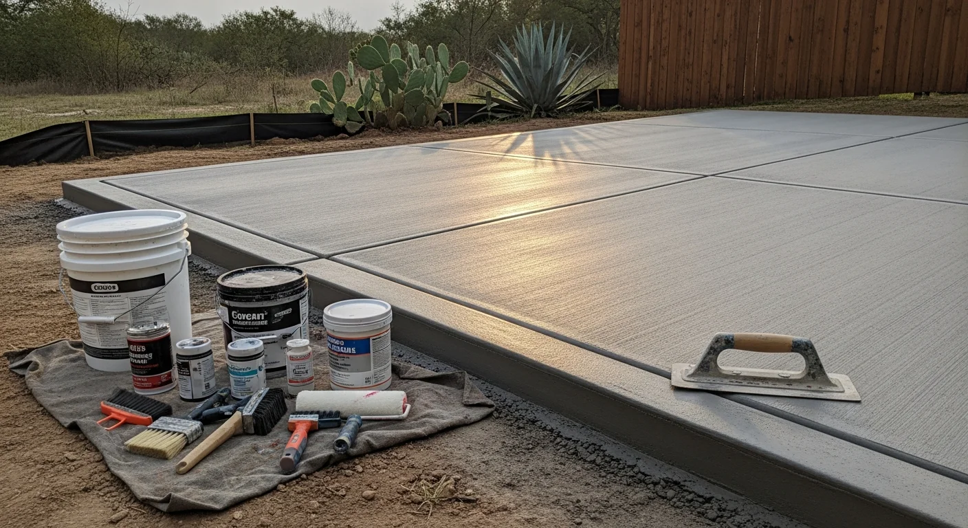Freshly poured and sealed concrete patio behind a residential home in the greater Houston area. The smooth, light-colored surface is bordered by a neatly graded yard, showing a completed installation ready for outdoor use.
