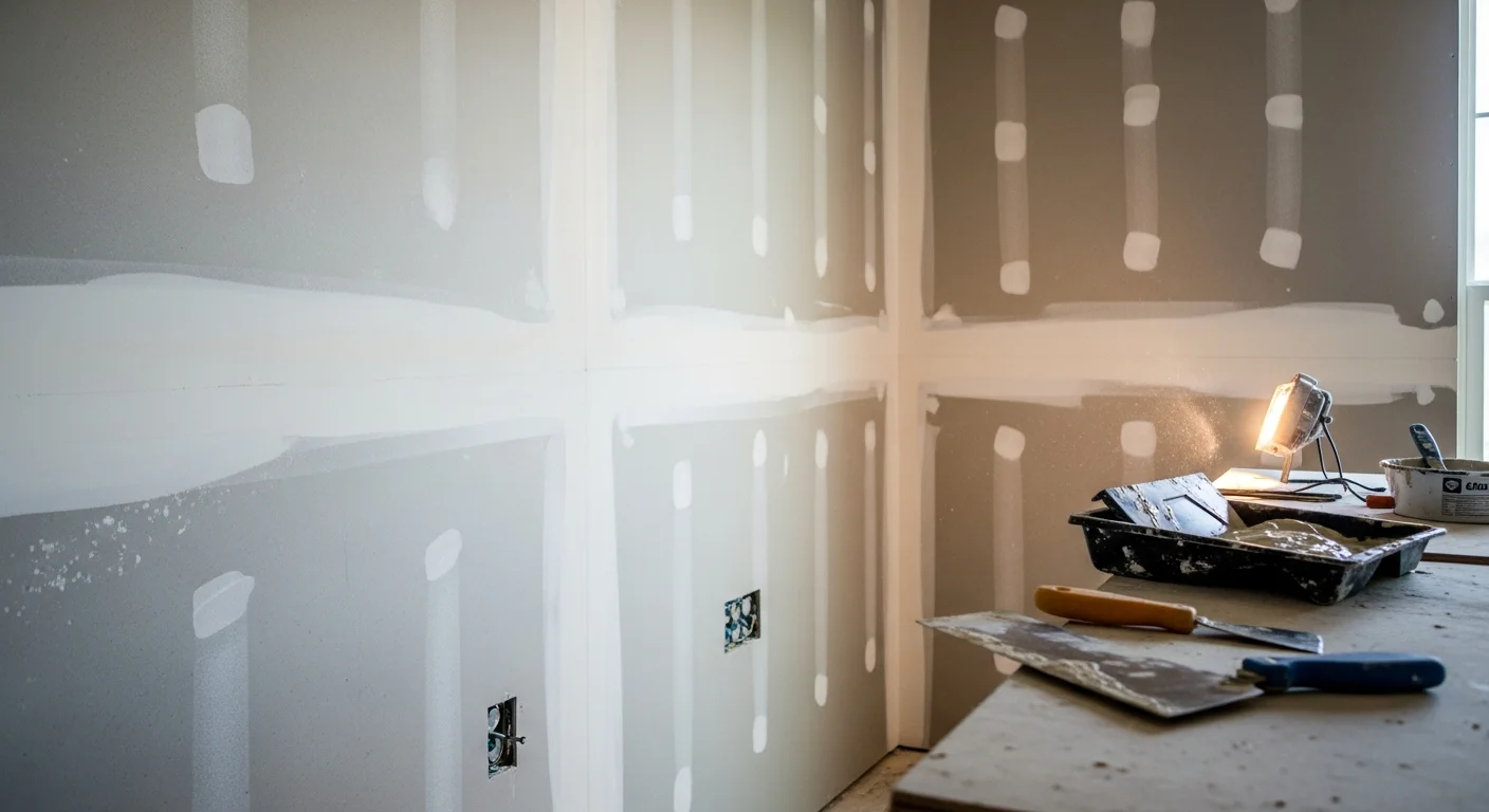A freshly installed and taped sheetrock wall inside a Houston-area home, showing smooth joint lines and a clean, paint-ready surface. The room is mid-renovation with visible framing along one side and completed drywall panels on the opposite wall.